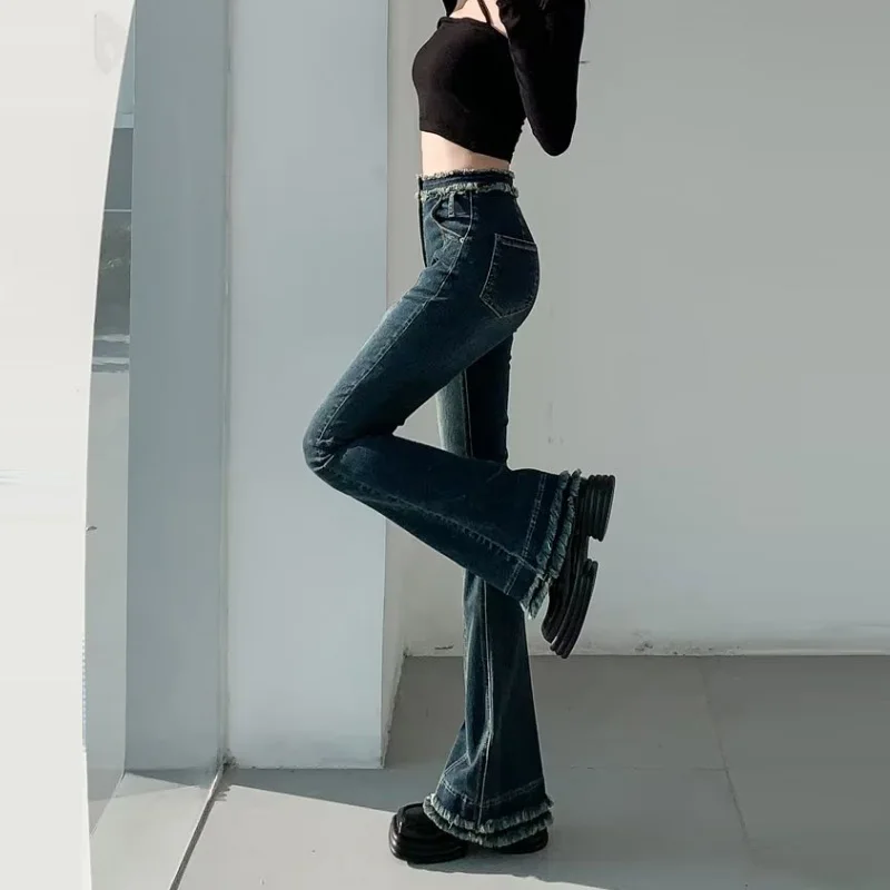 Women's Jeans High Waist Skinny Flared Pants Spring Summer Slim Retro Blue Denim Trousers Fashion Streetwear Y2k Female Clothing