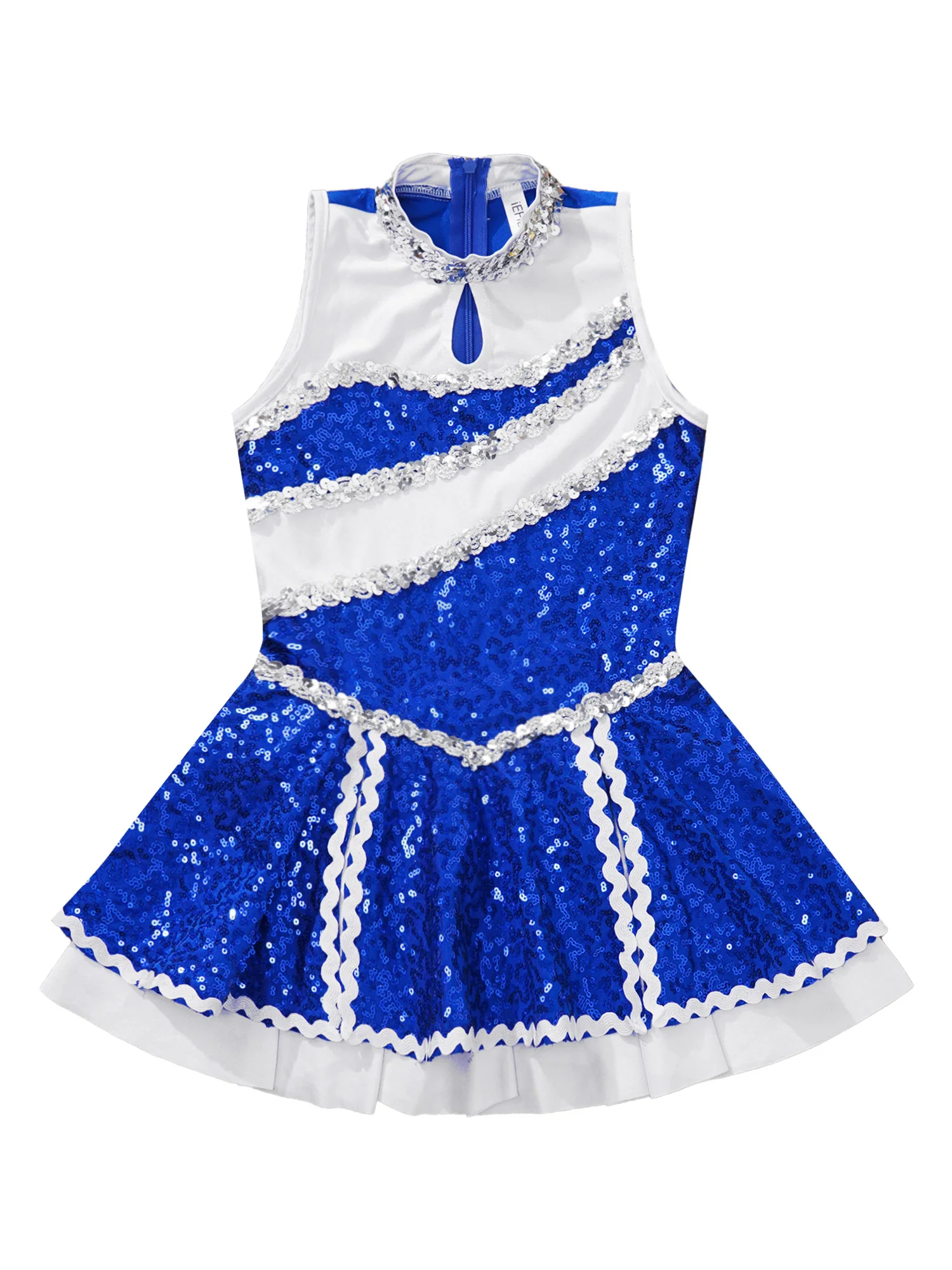 Kids Girls Cheerleading Clothes Sleeveless Round Collar Shiny Sequins Decorated Patchwork Style Invisible Zipper Dance Dress