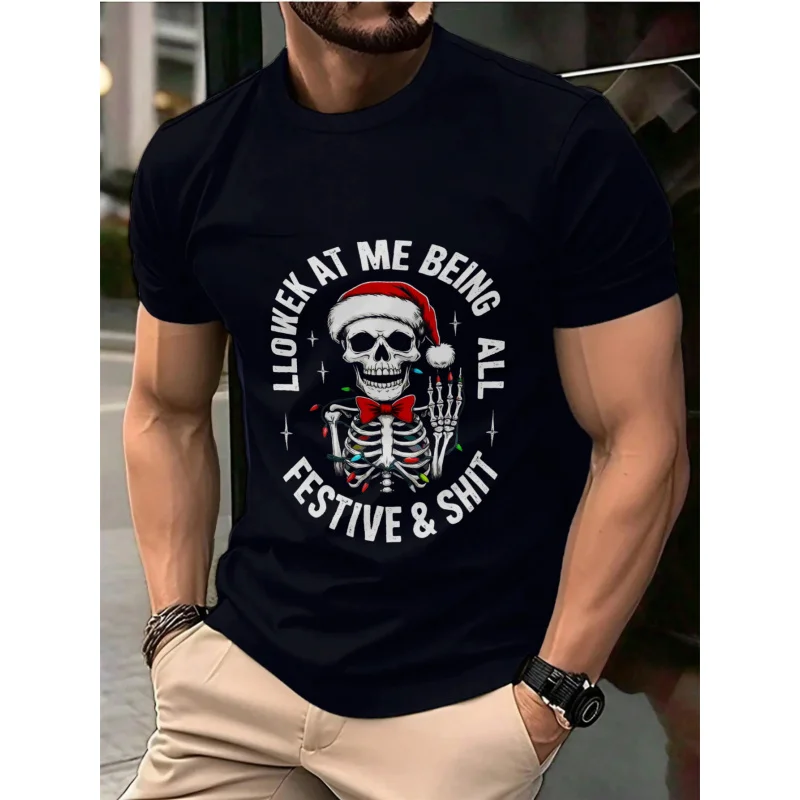 

Men's T-Shirt Black Skeleton Santa Christmas Look At Me Being All Festive & Shit Printed Design High Quality Cotton 180g