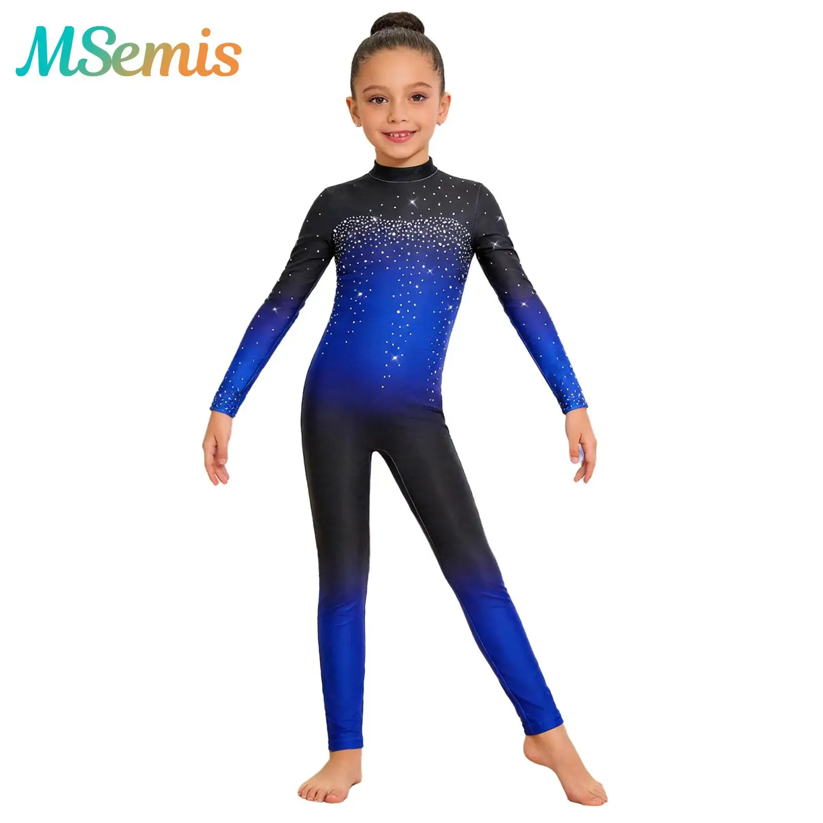 

Kids Girls Shiny Rhinestones Gymnastics Ballet Dance Unitards Jumpsuit Mock Neck Long Sleeve Bodysuit Dance Performance Costume