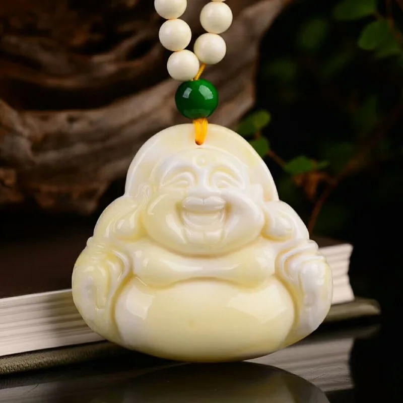 Live Broadcast Russian White Pattern Beeswax Big Belly Maitreya Buddha Head Pendant Men and Women Smiling Buddha Sweater Necklac