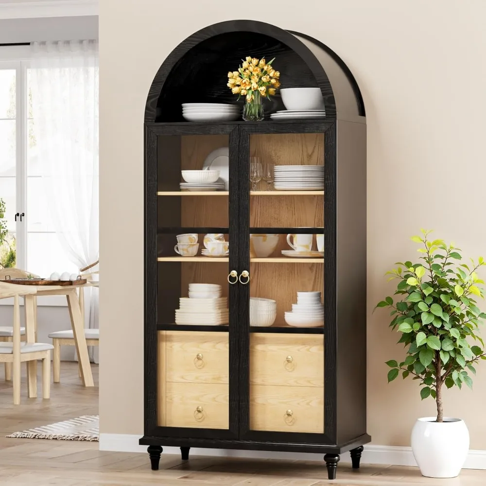 

Kitchen Pantry Cabinet, 71 Arched Storage Cabinets Tall Pantry, Bookshelf, with Large Drawers, Shelves and Glass Doors,