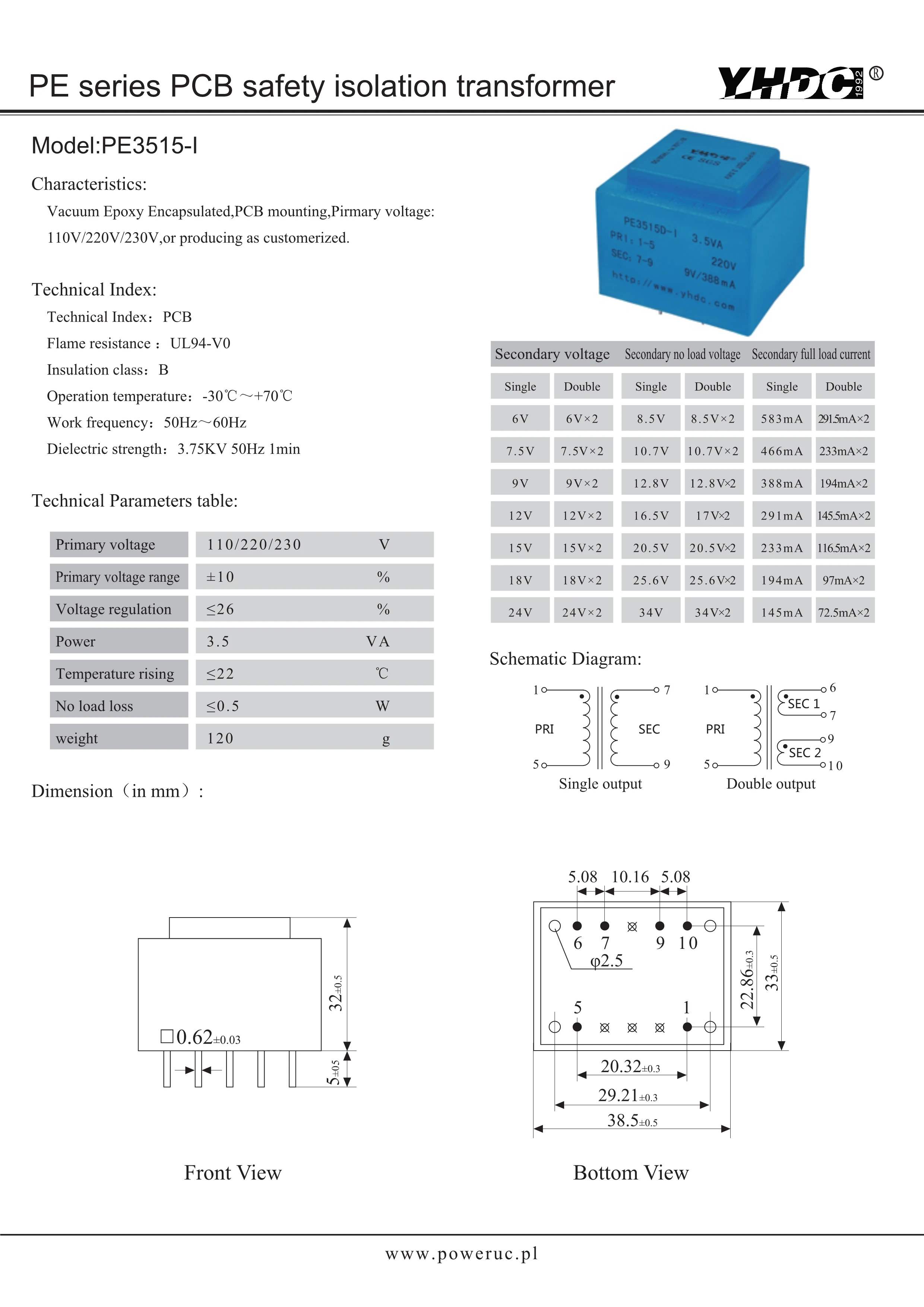 YHDC PE3515-I Power 3.5VA 220V / 6V/7.5V/9V/12V/15V/18V/24V Expory Resign Encapsulated Safety Isolating Transformer PCB Welding