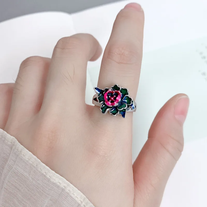 925 Sterling Silver Enamel Lotus Flower Finger Ring for Women Vintage Ethnic Style Stereo Colorful Adjustable Open Rings Jewelry