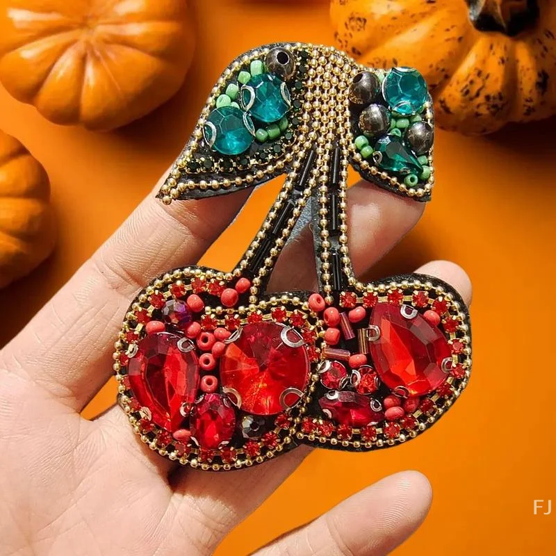 

Handcrafted Beaded Red Heart Patch With Rhinestone Cherry for DIY Bag & Clothing Embellishments