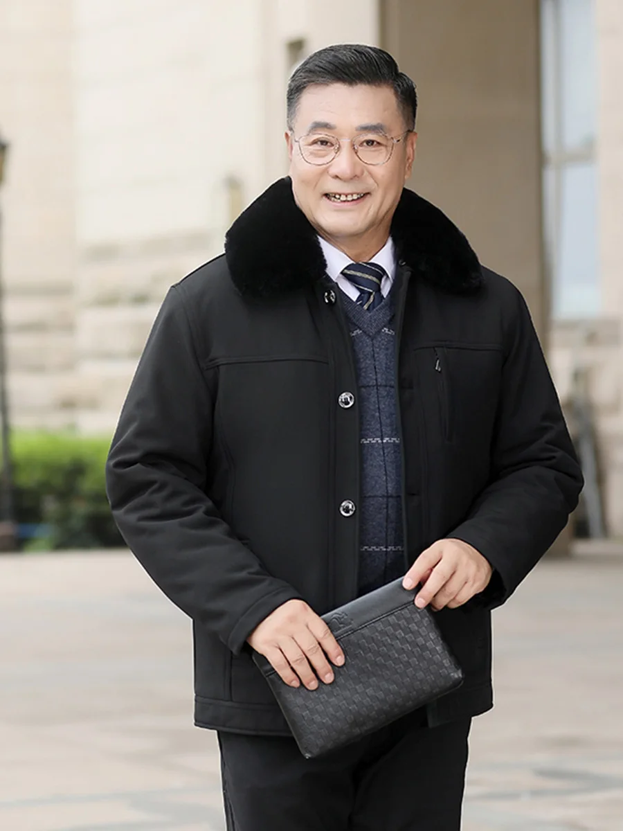 سترة شتوية سميكة من الصوف للرجال بأسلوب عملي غير رسمي بلون واحد على طراز الجد معطف دافئ ومريح من القطن