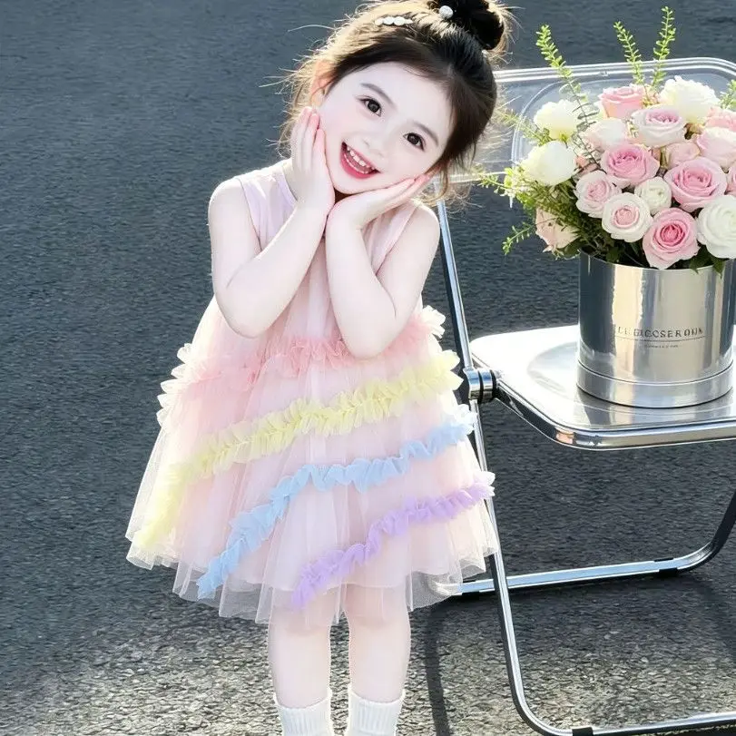 Sweet Girls Rainbow Mesh Tutu Dress Fresh Cute A-Line Flowy Dress 2026 Summer New Fashion School Daily Party Princess Outfit