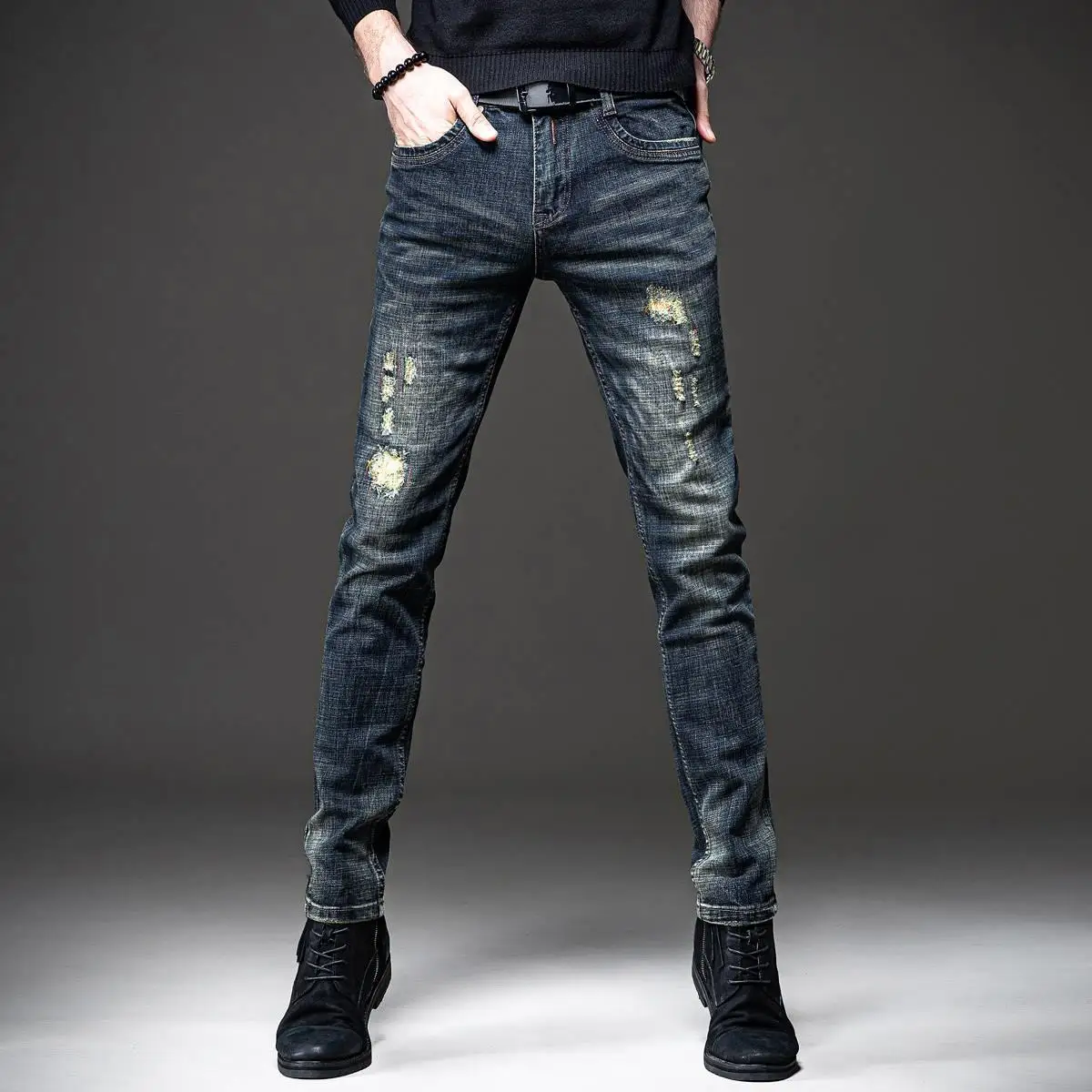 

Весенне-осенние модные рваные джинсы с нашивками, мужские облегающие маленькие ноги, трендовая дизайнерская одежда, простые потертые брюки-карго для бойфренда