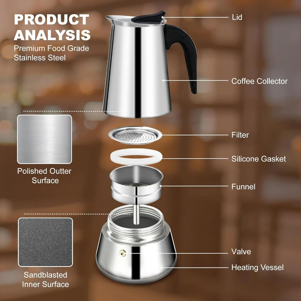 Premium 12 Cup 600ml/20OZ Stainless Steel Moka Pot Stovetop Espresso Maker Induction Cooktop for Home Camping Office view 4