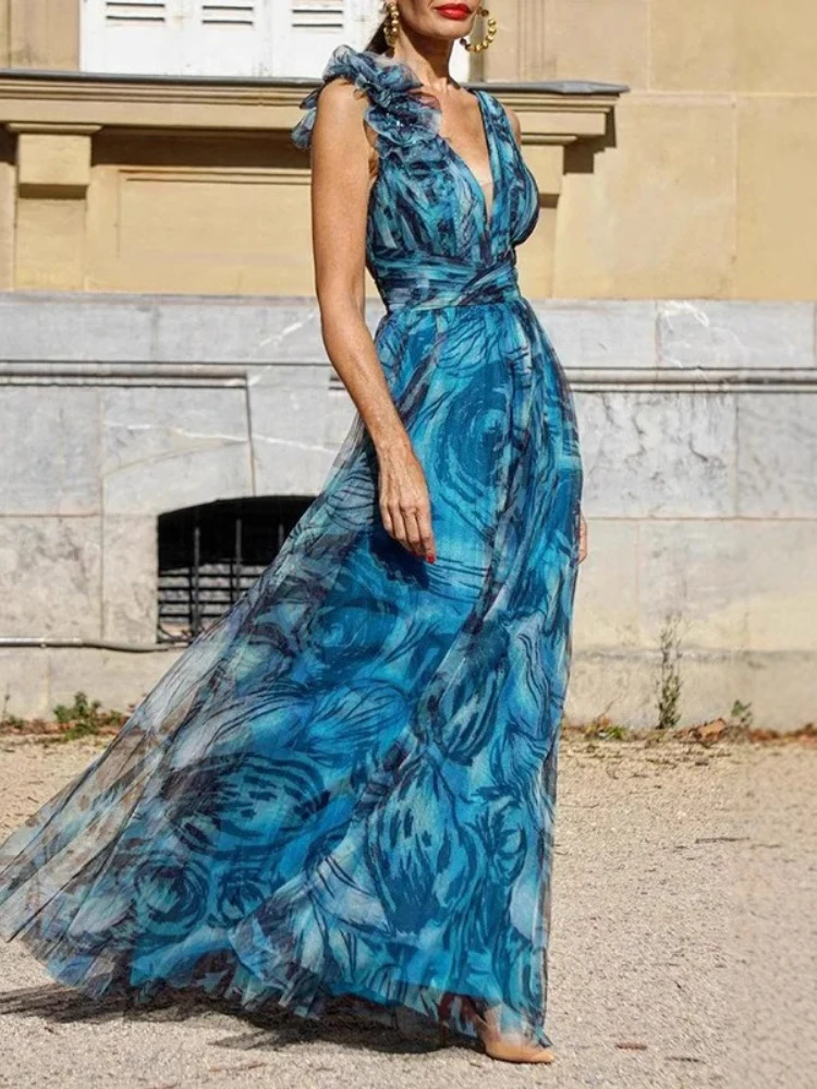 Abito da donna in stile bohemien con stampa floreale vintage con scollo a V profondo Abito estivo da nuova ragazza Abito lungo con volant a strati per le vacanze europee