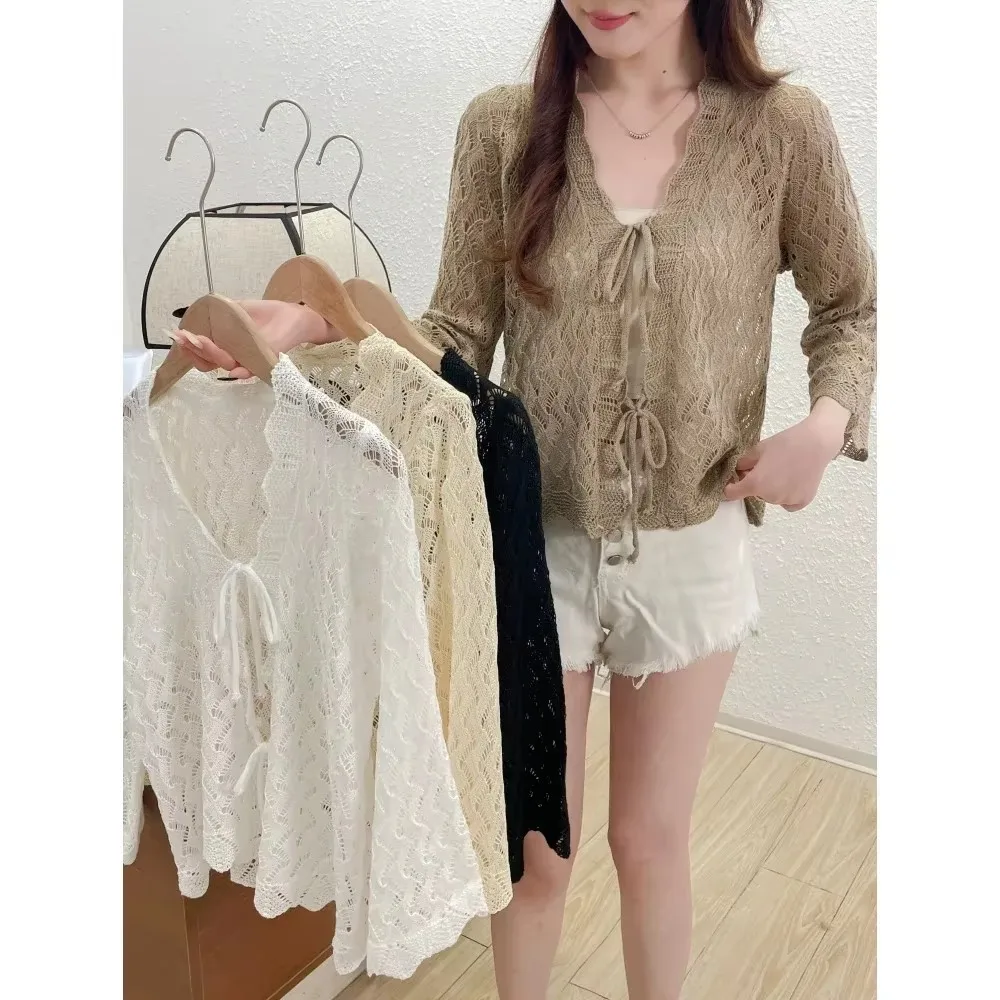 나비 넥타이 크로 셰 뜨개질 탑 여성 Pointelle 니트 플레어 슬리브 Sheer Openwork 카디건 자켓 봄 여름 Boho Vacation Beach Outfit