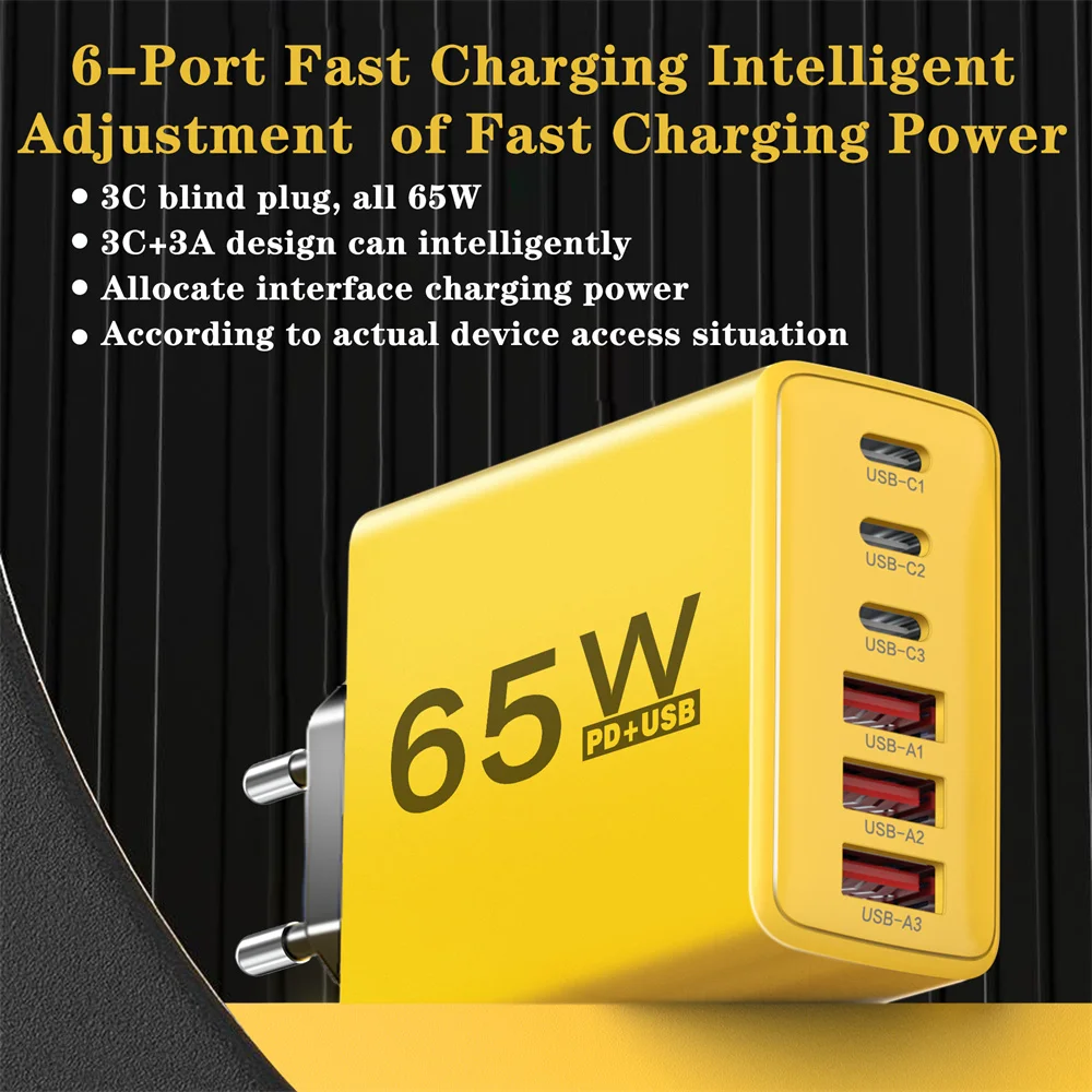 Total 65W USB C Charger Multiple 6 Ports Type C PD Fast Charging Mobile Phone Wall Adapter for iPhone 16 15 Pro Xiaomi Samsung image 4