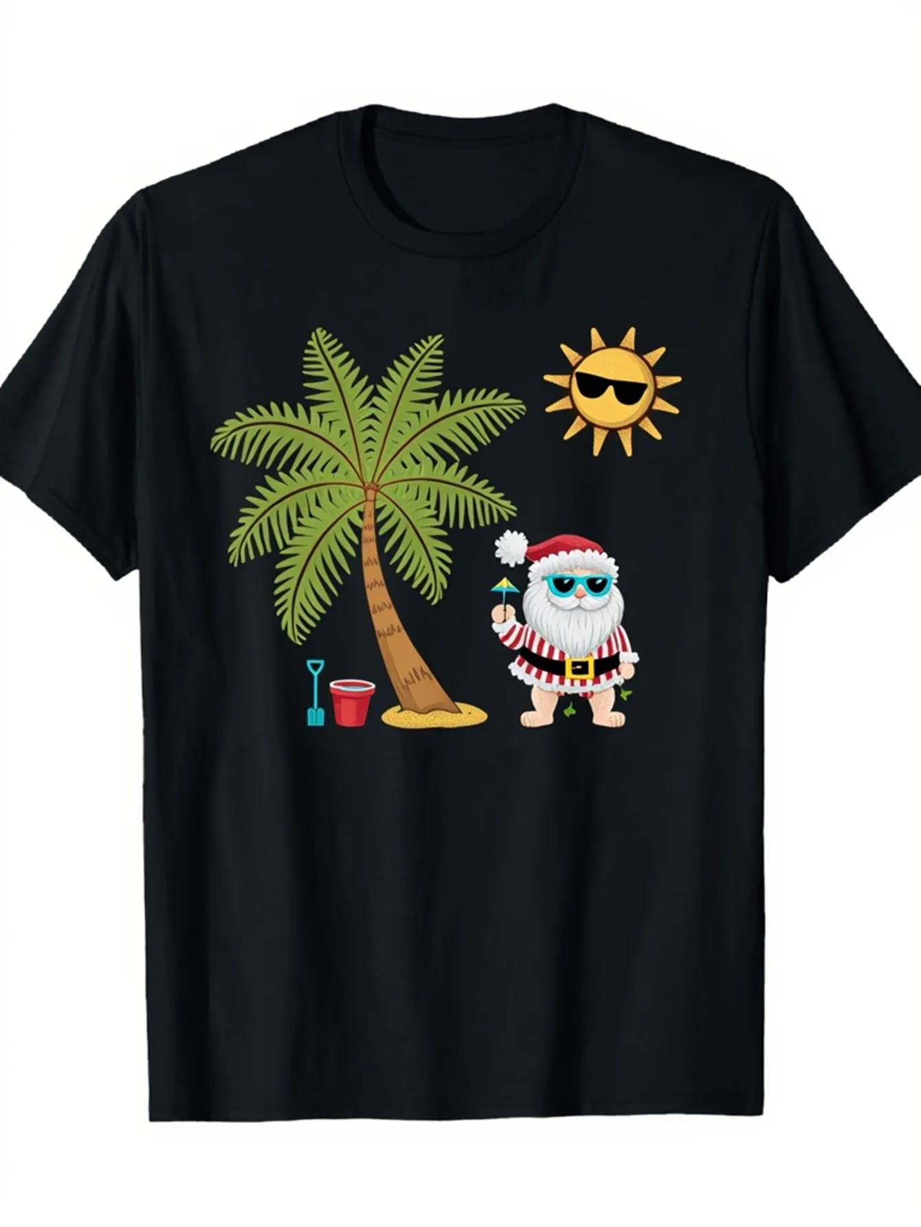 Funny Men's Black Graphic T-Shirt Santa Cat Palm Tree Sunglasses Sun Beach Bucket Shovel Tropical Vacation Cartoon Print 100% Cotton Heavyweight Short Sleeve Casual Streetwear Tee