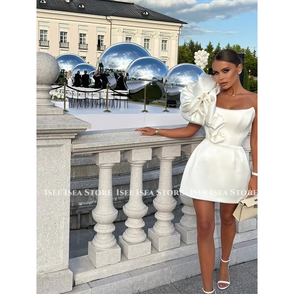 One-Shoulder Mini Evening Dresses Satin Handmade Flower Ball Gown A-Line Elegant Princess Party Birthday Dress Customized