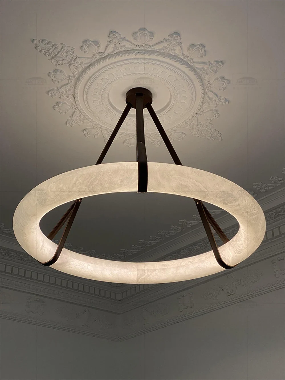 2026 Hot Selling High-end Living Room Main Light, Round All Copper Leather Pendant Light, Spanish Marble Pendant Light
