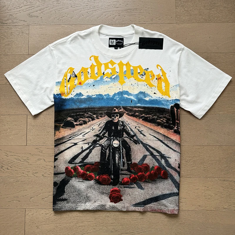 American Hip Hop GODSPEED T-shirt Behind Letter Ride Motorcycle Skull Pattern Print Godspeed Short Sleeve Loose Men Womern Tee