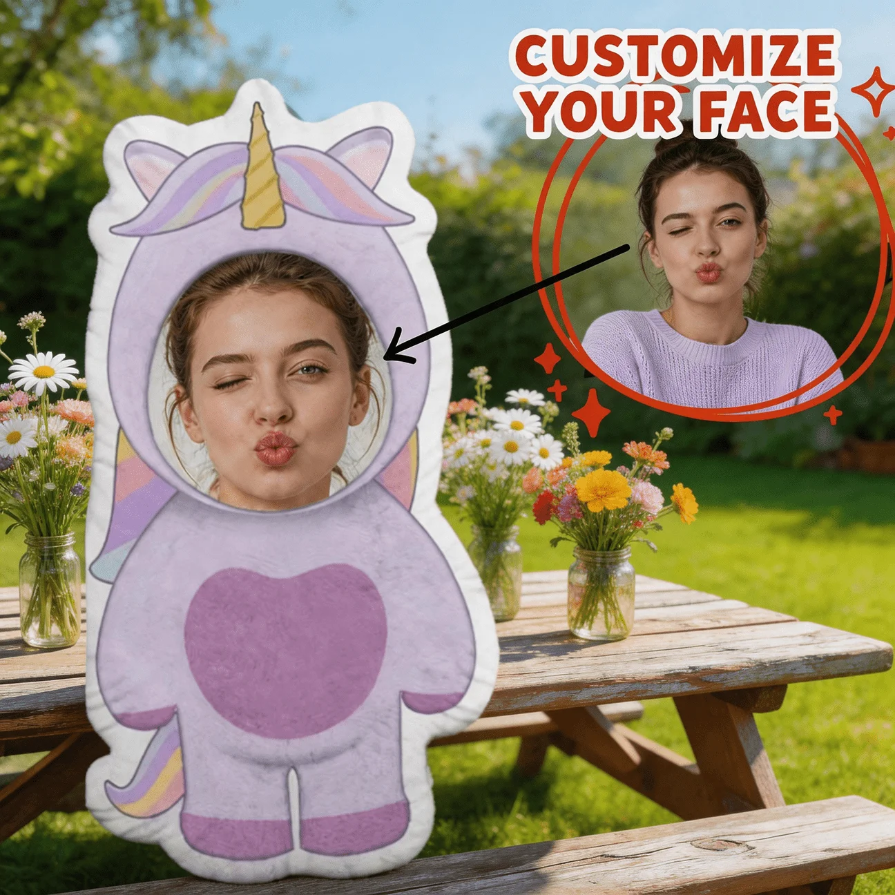 Custom Photo Unicorn Shaped Pillow Personalized Face Decorative Cushion Purple Design 27.56 Inch Unique Home Decor Sofa Bedroom