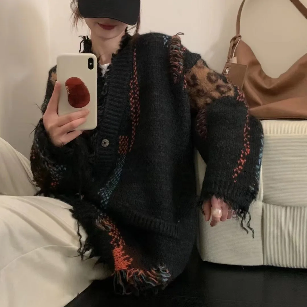 レディース レオパード柄 パッチワーク カーディガン ニット セーター Vネック 長袖 シングルブレスト ルーズ カジュアル エレガント オフィスレディー 2025年秋