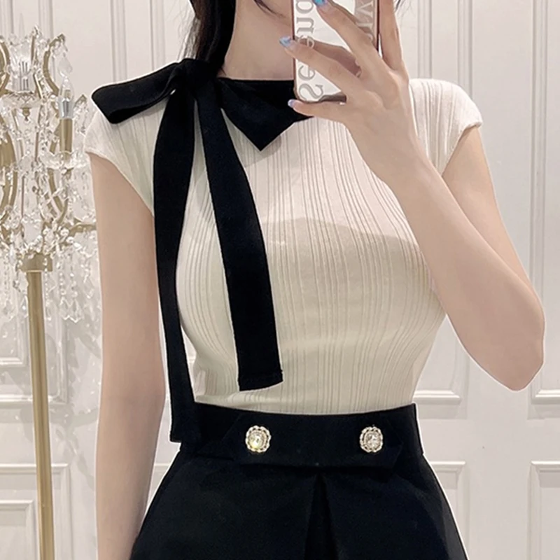 

Women's Tie-Band Fashion Short Sleeve Tops 2026 Spring Summer Slim Fit Sexy Knitted T-shirt Elegant Temperament Versatile Shirt
