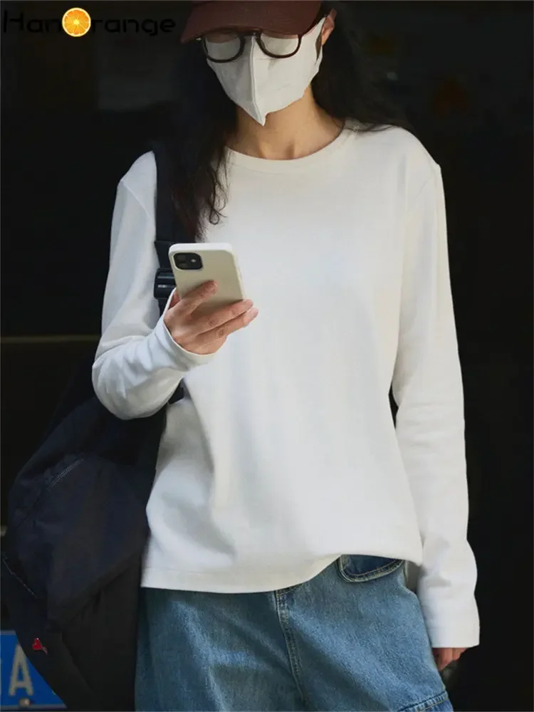 HanOrange Autumn Casual O-neck Pullover Long Sleeve T-shirt Women Loose Simple Bottoming Top Tees Female White/Black/Brown