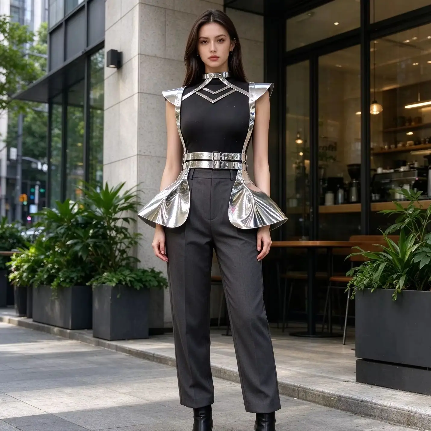 PU‑Leather Harness Skirt Set Halter Neck Cross Straps Adjustable Belt Flare Skirt Six Colors Cosplay Stage Costume Accessory