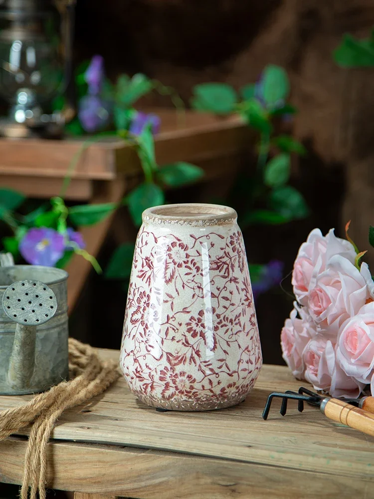 Vintage Ceramic Vase Distressed Finish Flower Arrangement Home Decor for Living Room Table Centerpiece Farmhouse Rustic Ornament