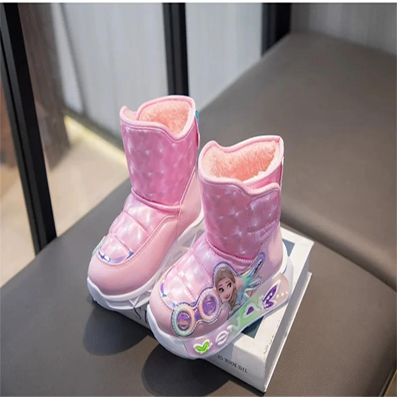 Disney Girl Elsa Princess Frozen Snow Boots Cold Warm Winter Children\'s Leather Fur Cotton Shoes Pink Purple Ankle Boots Size 26