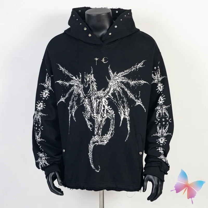 Dragon Bone Print 24ss Winter Thug Club Hoodies Retro Metal Star Moon Logo Breasted Rivet Black Hooded Sweatshirt Men Women