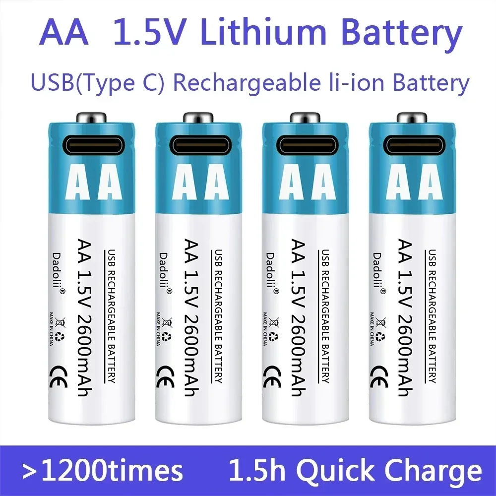 

USB Rechargeable Lithium Ion Battery 1.5V AA Battery 2600mAh Remote Control, Mouse, Small Fan, Toy Battery+cable