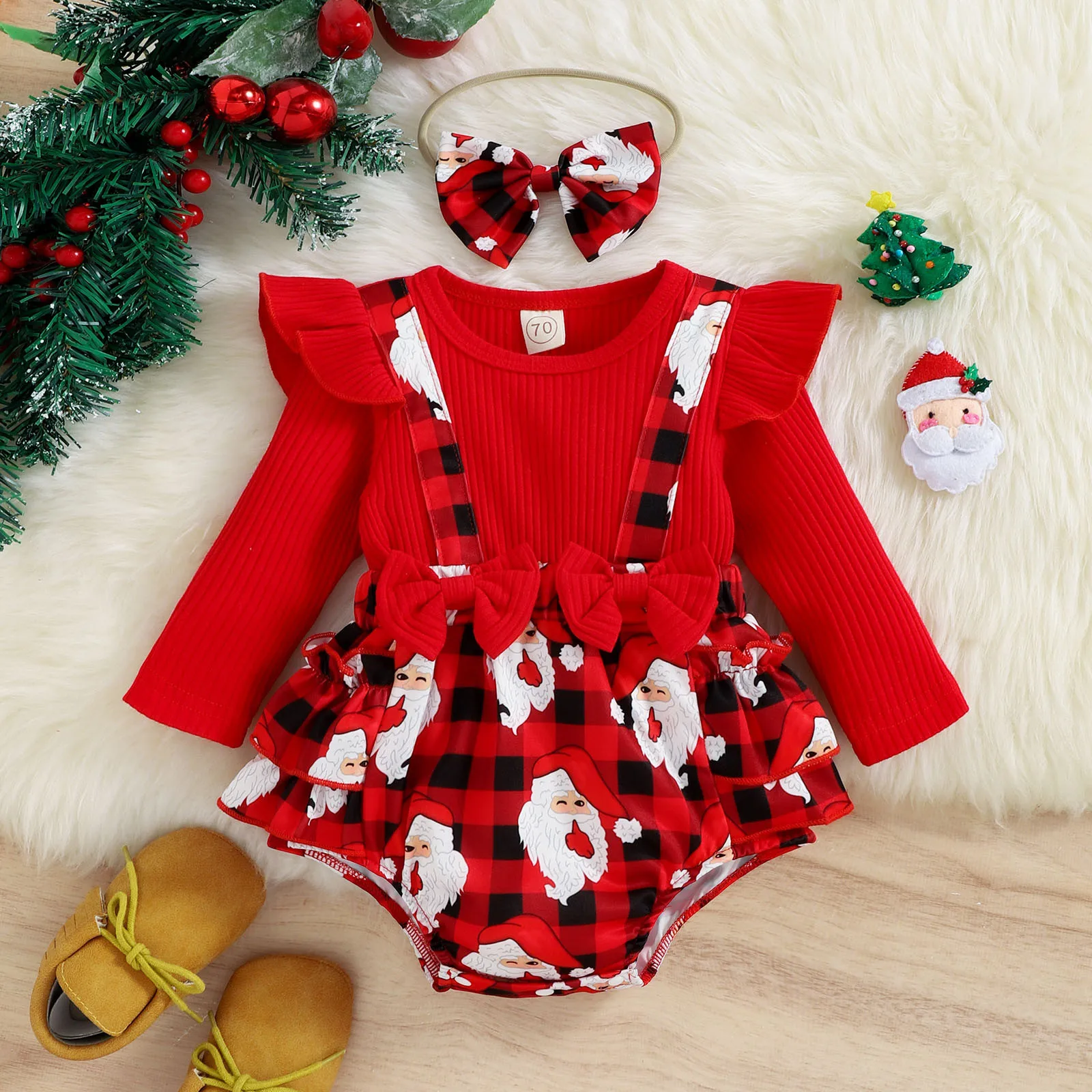 Christmas Romper For Infant Girls Ruffles Long Sleeve Plaid Santa Claus Prints Bowknot Newborn Bodysuits Headbands Set Xmas Gift