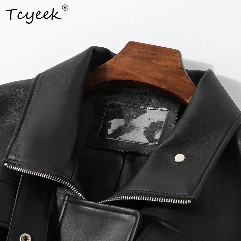 Tcyeek peau de mouton printemps automne col carré manches d'épaule longueur moyenne veste en cuir véritable pour femme Ж Dönishiжаха Куртка
