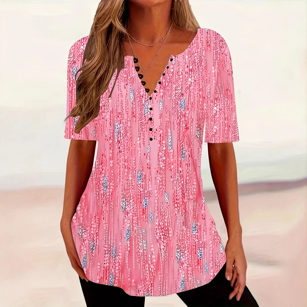 新しい女性のグラデーションファッション通勤 V ネックボタン半袖 T シャツトップ