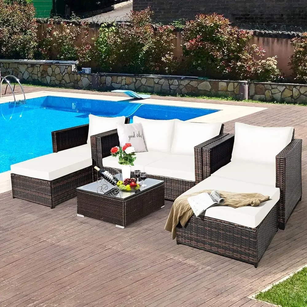 5 Pieces Patio Wicker urniture Set, Outdoor Rattan Soa Set with Loveseat, 2 Single Soas, 2 Ottomans & Removable Cushions, Sectio