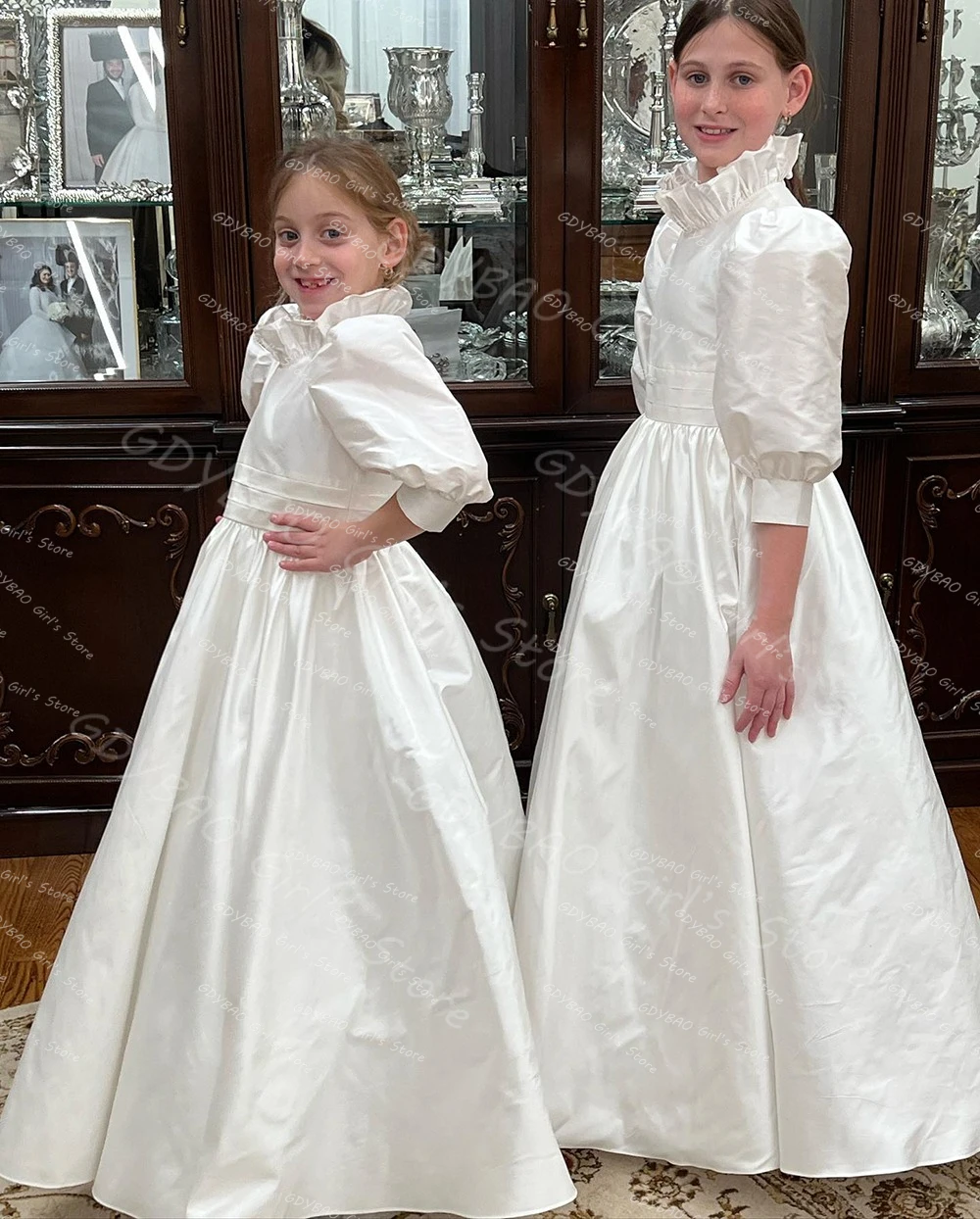 

Customized Vintage First Communion Dress Ruffled Neck Balloon Sleeve Wedding Flower Girl Dress for 2-14 Kids Party Ball Gown