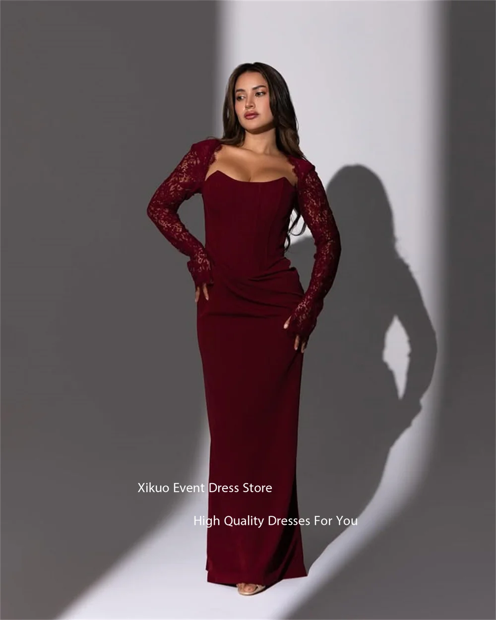Xikuo Lange Applikationen Spitze Ärmel Abendkleider Burgund Gerade Robe Cocktail Femmes Satin Chic Robes De Soirée Angepasst