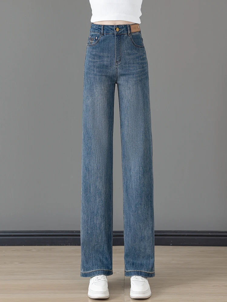 

Женские джинсы с высокой талией, свободные, прямого кроя, весна-осень, новый стиль, утягивающие, широкие брюки в корейском стиле для повседневной носки