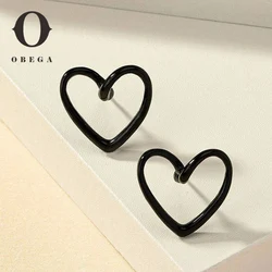 Obega Korean Hollow Out Heart Small Stud Earrings For Women Cute Black Love Shape Post Earrings Simple Minist Sweet Earrings
