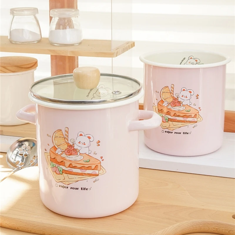 Pink Enamel Soup Pot Cute Rabbit 2.2L High Boiled Pasta Cooking Pot With Lid Stew Pot Home Kitchen Cookware Storage Bucket