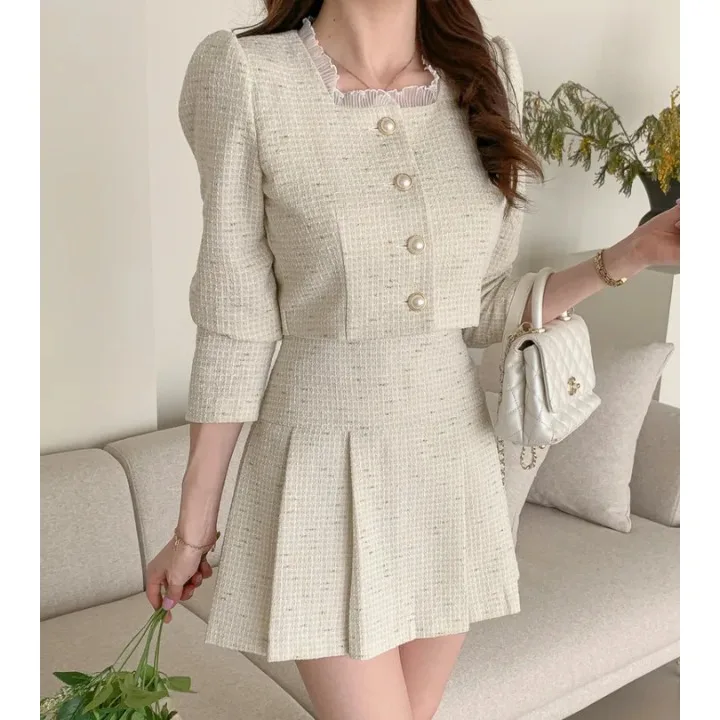 Korean Style round Neck Outerwear Top High Waist Skirt Two Piece Set Women's Fashion Slimming Pleated Skirt Autumn Winter