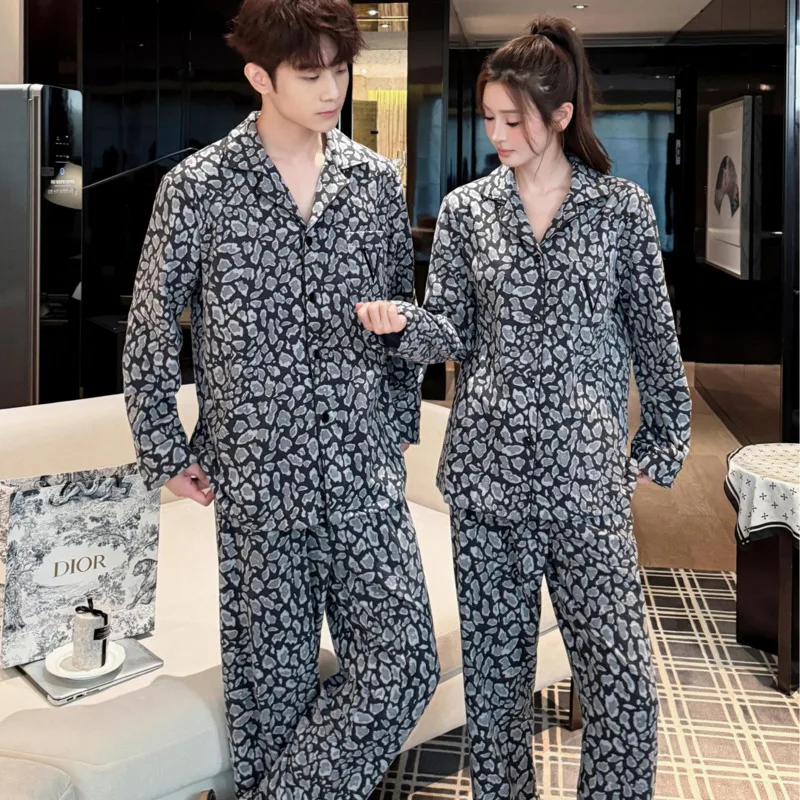 Couple Pajamas Women Men Ice Silk 26 Autumn Winter High-end Thick Soft Skin-friendly V-neck 2piece Set Nightgown Sleepwear