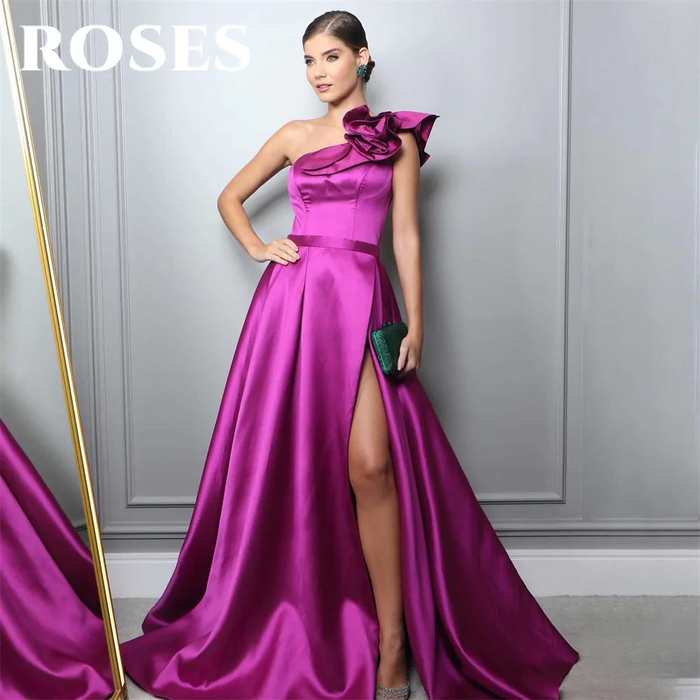 

ROSES Purple Evening Gown One Shoulder A-Line Satin Party Dress with Pleats Satin فستان سهرة Side Split Prom Dress