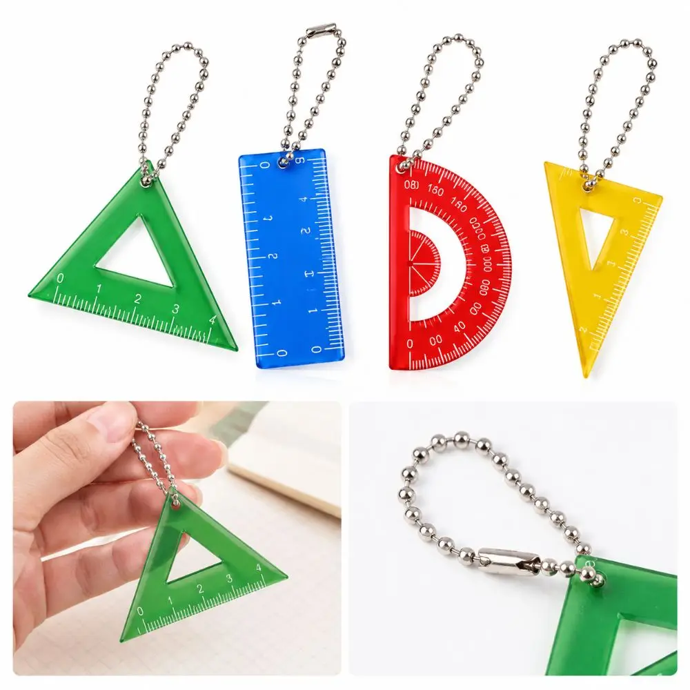 4Pcs Cute Acrylic Mini Ruler Pendant Translucent Colorful Protractor Charm Triangle Ruler School Bag Decoration