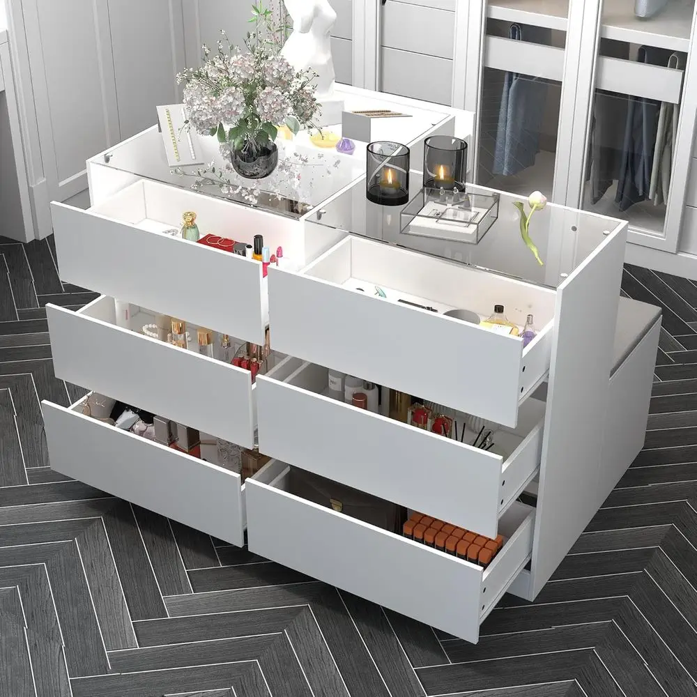 White Glass Display Cabinet with Drawers, Shoe Bench, and Walk-in Showcase for Collectibles and Retail