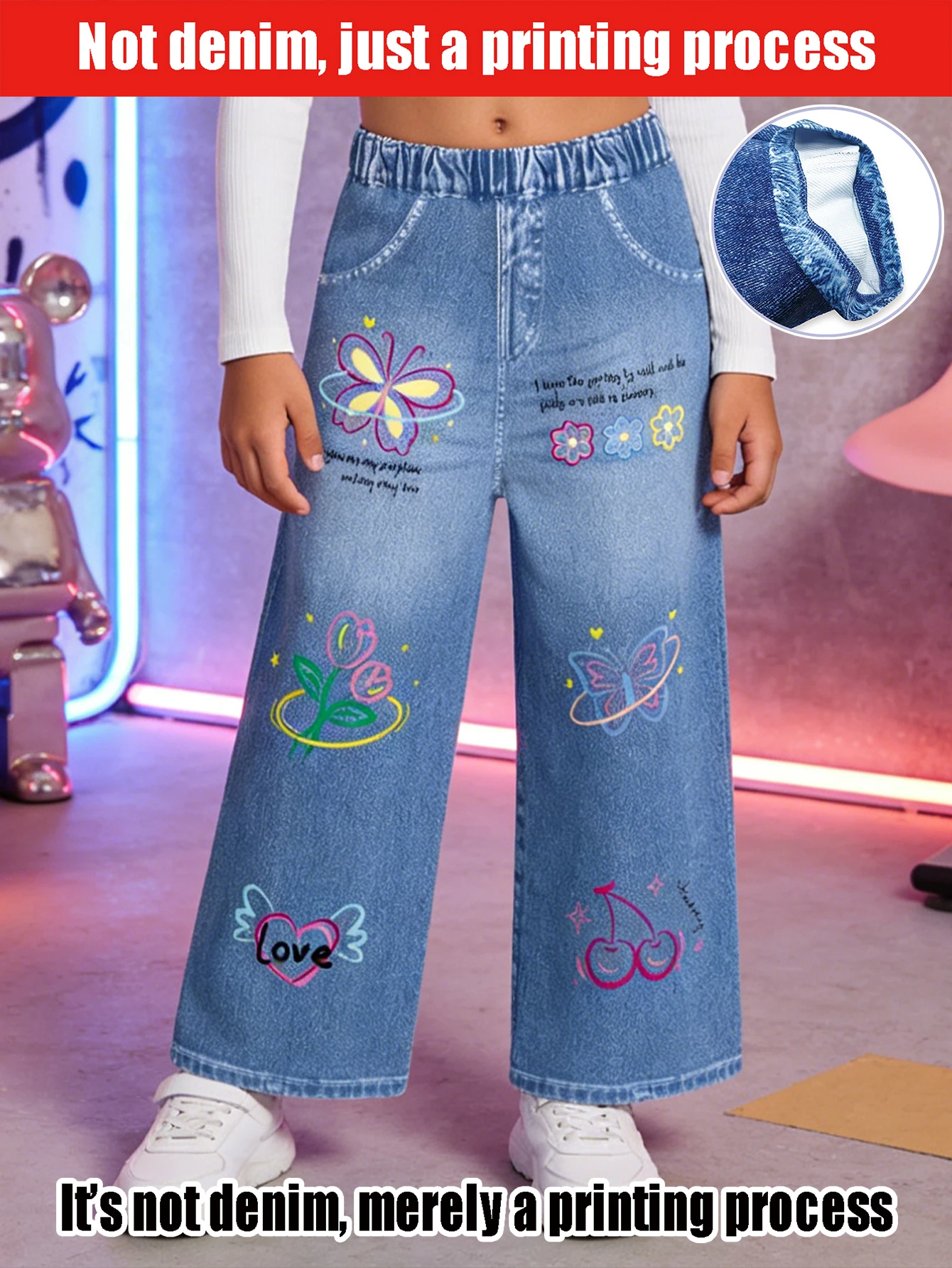 

2026 children's sweet graffiti simulation jeans, children's back-to-school, casual, fashion trousers