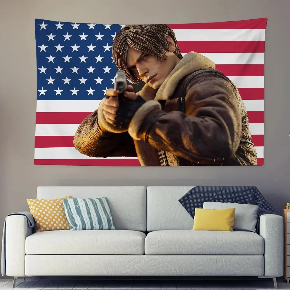 Leon Kennedy Wandteppich, Resident Evil, amerikanische Flagge, Kunst, Videospiel-Dekoration, mehrere Größen, flaches Druckdesign