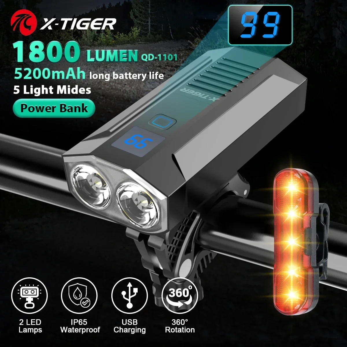 X-Tiger Bike Light Koplamp Fiets Lamp Met Power Bank Oplaadbare Led 5200Mah Mtb Fiets Light Zaklamp Fiets accessoires - afbeelding 1