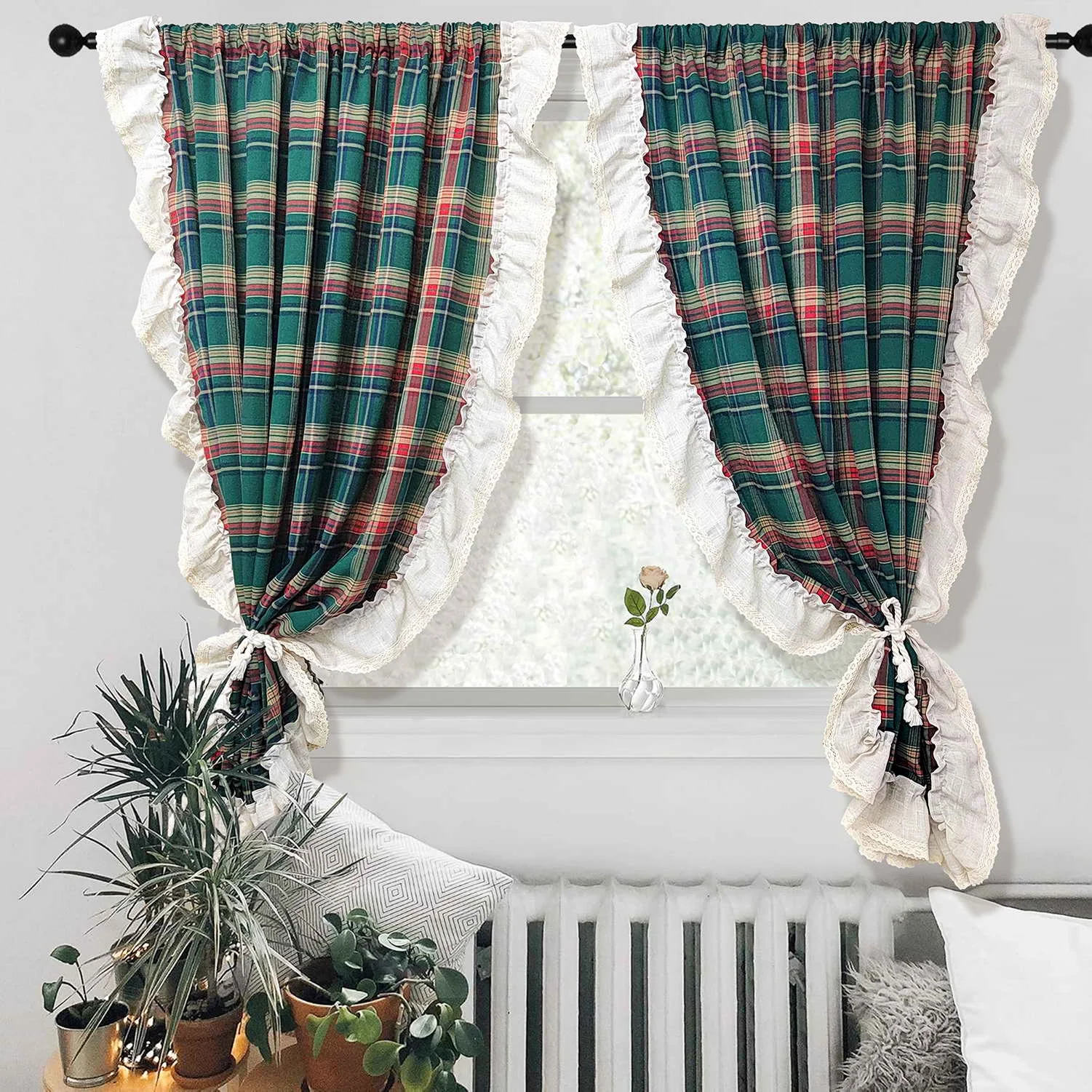 

Vintage Plaid Ruffled Translucent Curtains Festive Atmosphere Decorative Curtains Bedrooms Balconies Living Room Partitions