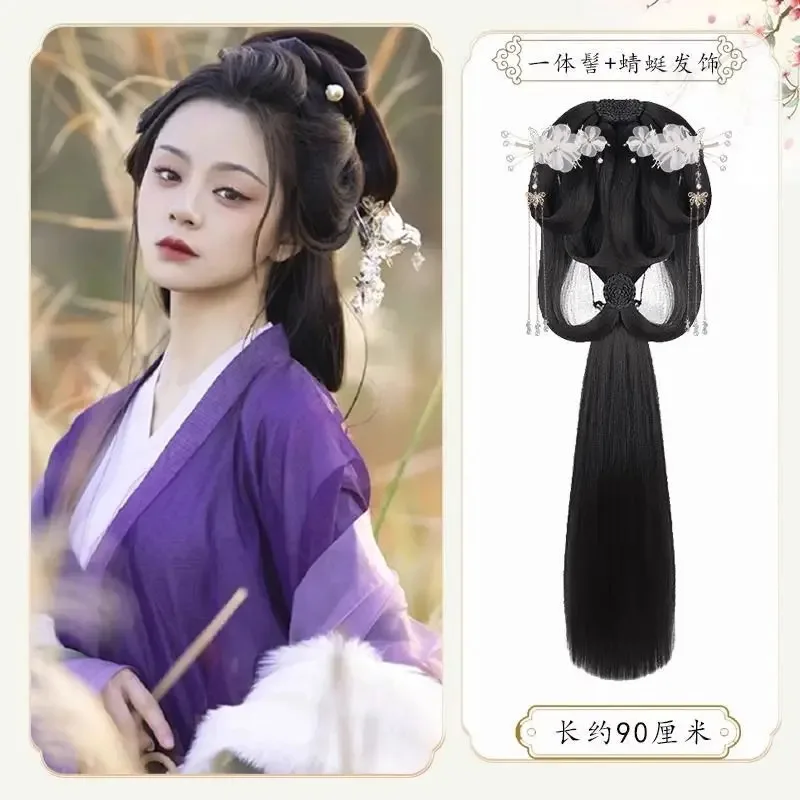 تأثيري Hanfu الباروكات النساء السود القديمة الصينية Hanfu الباروكات القبعات اكسسوارات Hanfu طويل مستقيم الباروكات شعر مستعار أسود غطاء الرأس