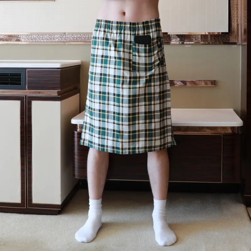 Sexy Side Split Pajamas Nightdress for Men British Style Sleep Bottoms Plaid Loose Lounge Pyjama Male Cotton Sleepwear Dress