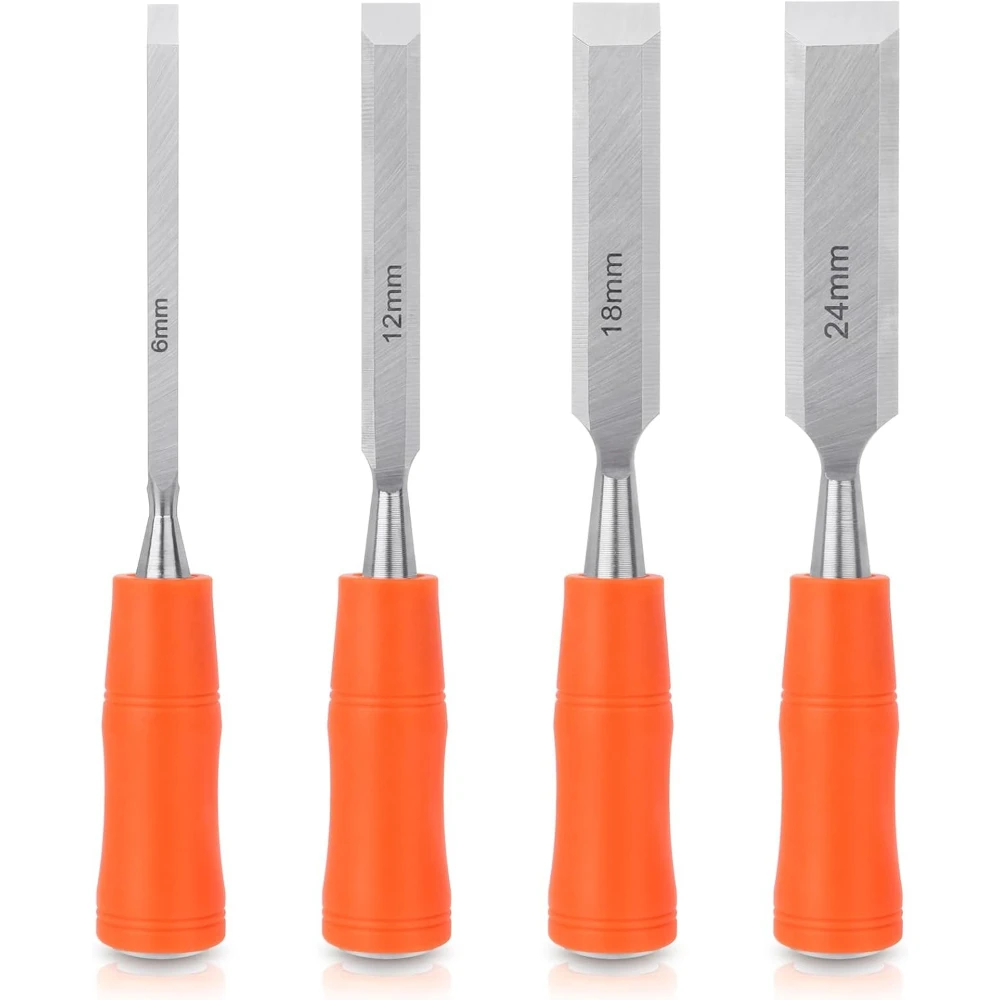 

4 Piece Wood Chisel Set with Steel Hammer End Ergonomic Plastic Handle 6mm 12mm 18mm 24mm Woodworking Tools